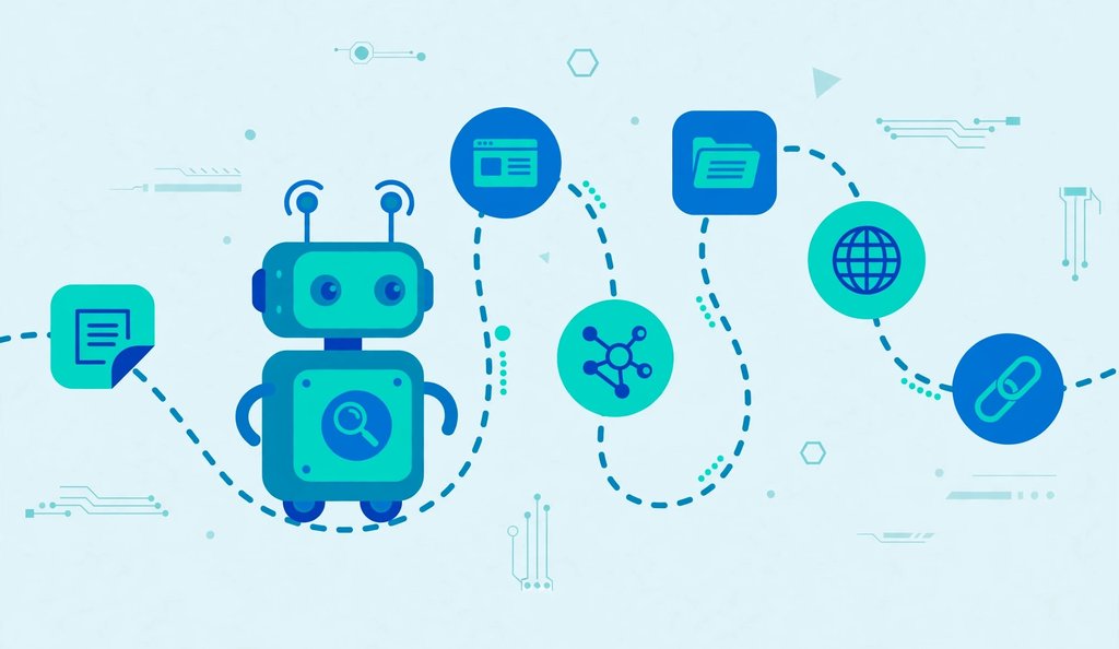 Search engine crawler robot following a sitemap roadmap of pages