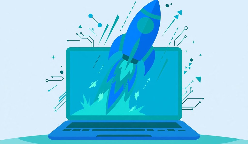 Rocket launching from a laptop screen symbolizing a fast website