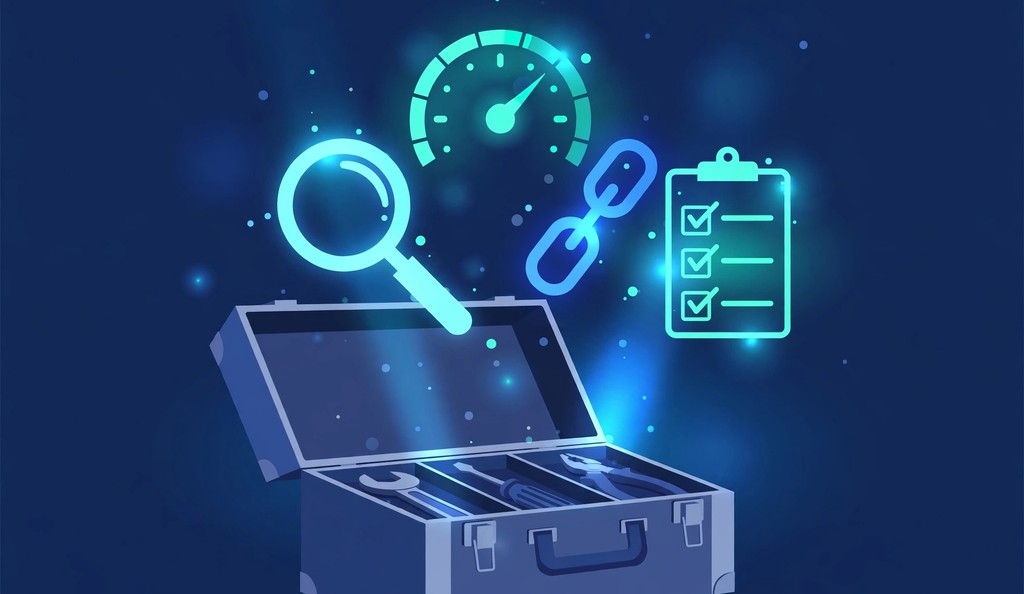 Toolbox releasing glowing free SEO tool icons on a dark blue background