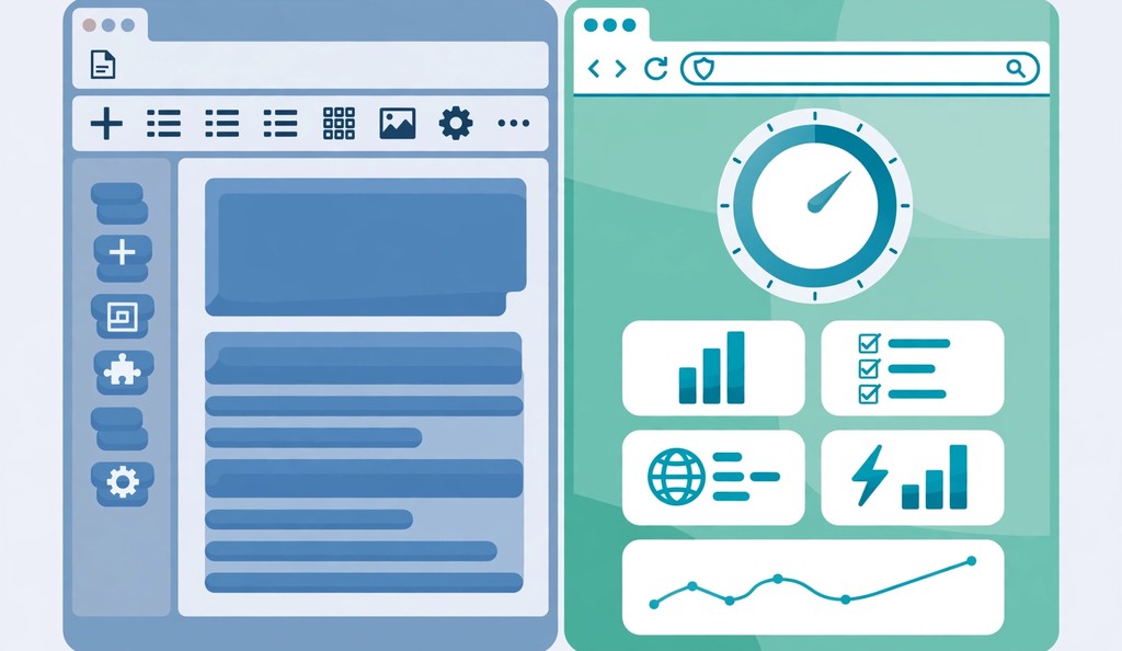 Side-by-side comparison of a WordPress SEO plugin editor and an online SEO checker dashboard