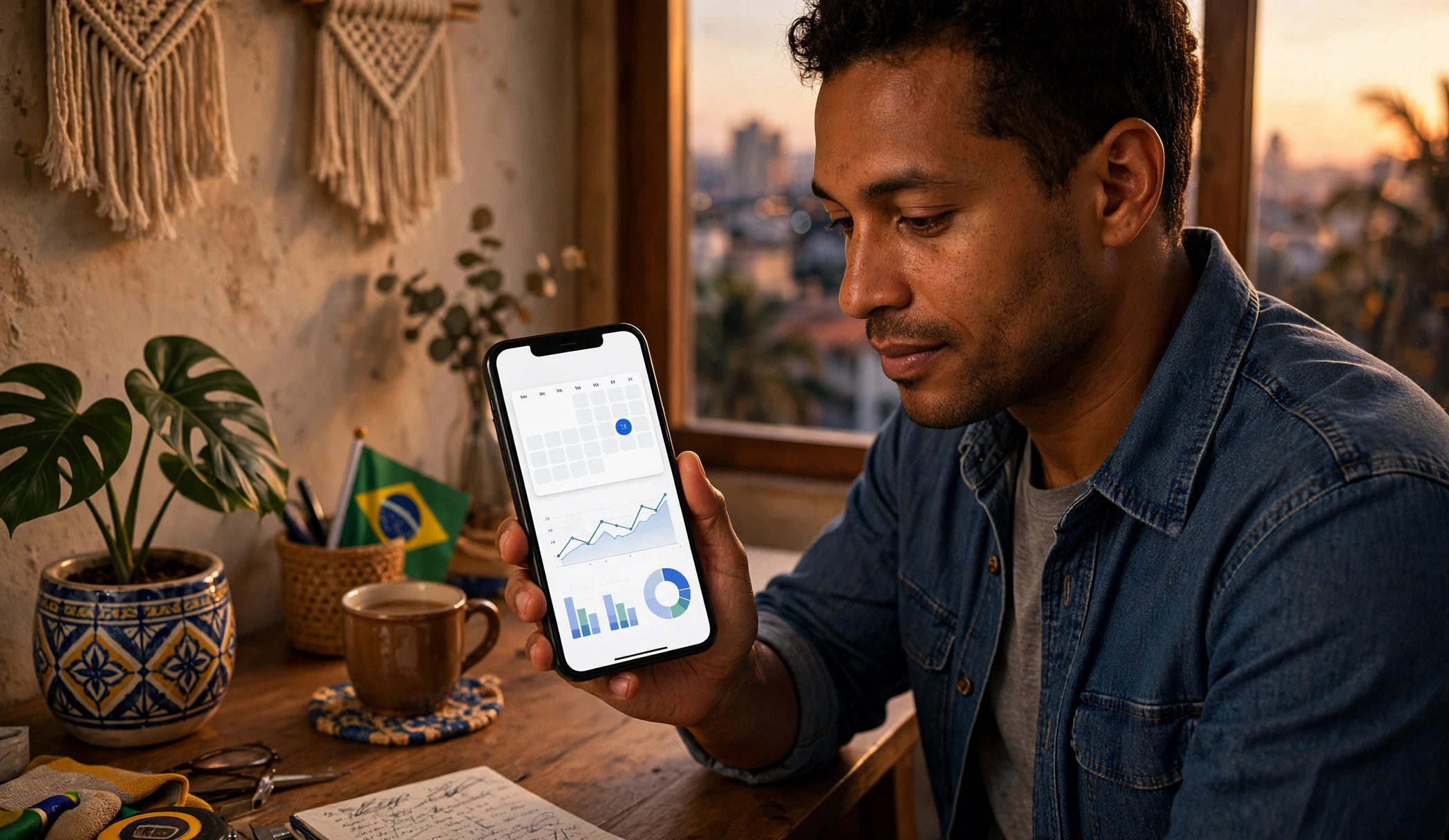 Brazilian worker checking PIS payment status on a smartphone banking app