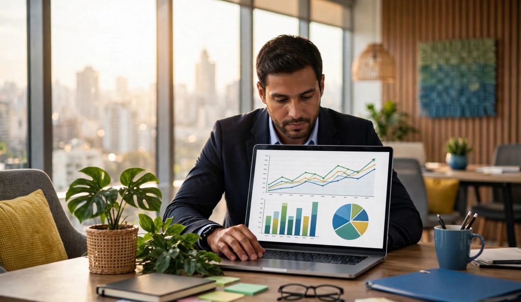 Brazilian office worker reviewing financial charts related to the PIS wage bonus