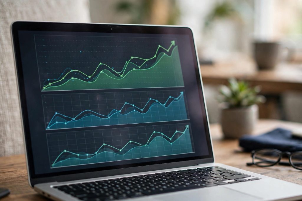 Laptop screen showing an SEO analytics dashboard with rising Google ranking graphs in a modern home office