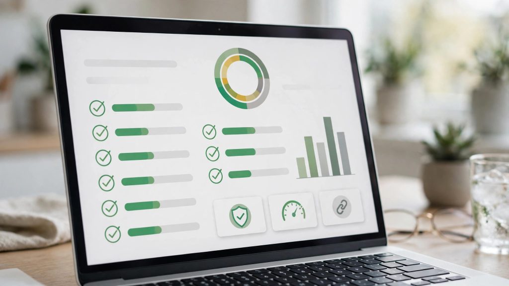 Laptop screen showing a page SEO checker audit report with green checkmarks in a bright modern workspace