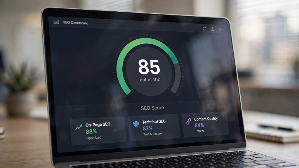 Laptop screen showing an SEO score gauge of 85 out of 100 in a modern office