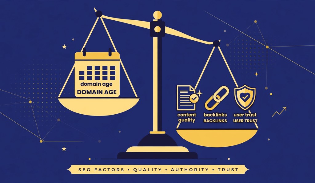 Balance scale comparing domain age against content quality and backlinks for SEO