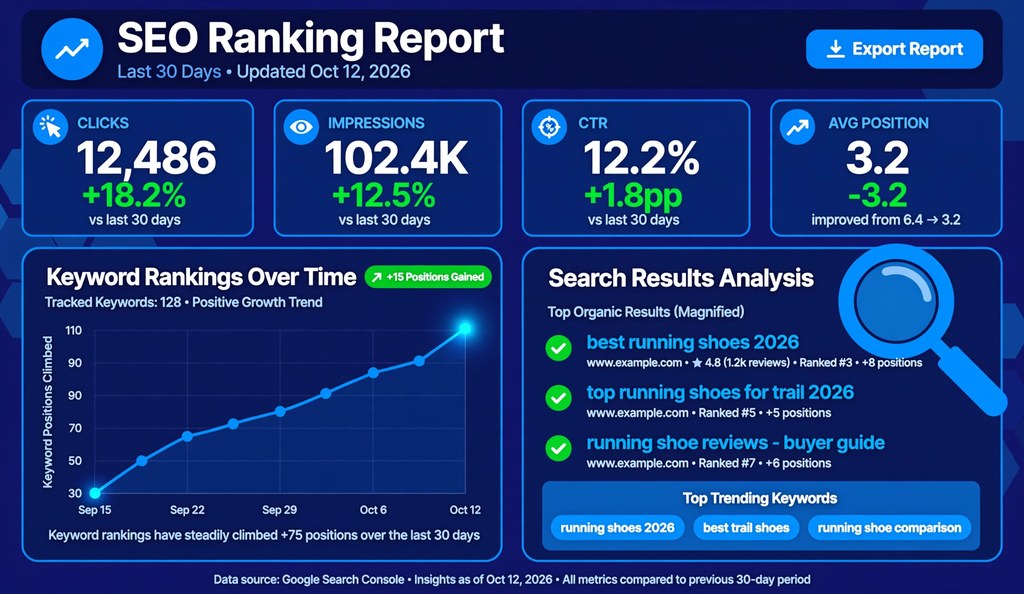 SEO ranking report dashboard showing clicks, impressions, CTR and average position