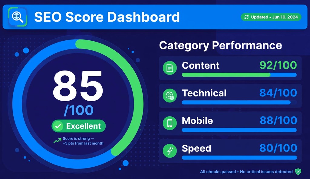 SEO score dashboard showing 85 out of 100 with category performance bars