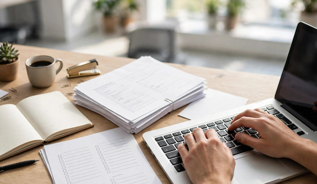 hands typing on laptop with HR documents on desk