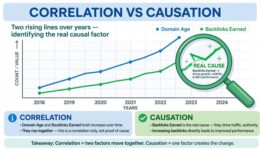 Chart showing correlation between domain age and backlink growth over time