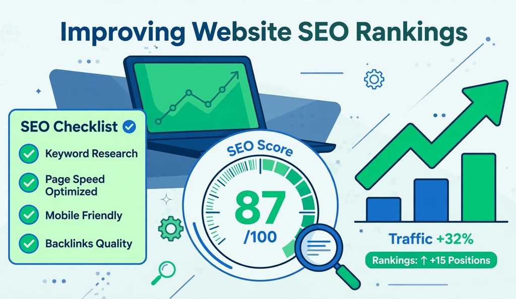 Checklist for improving SEO rankings with score gauge and upward trend