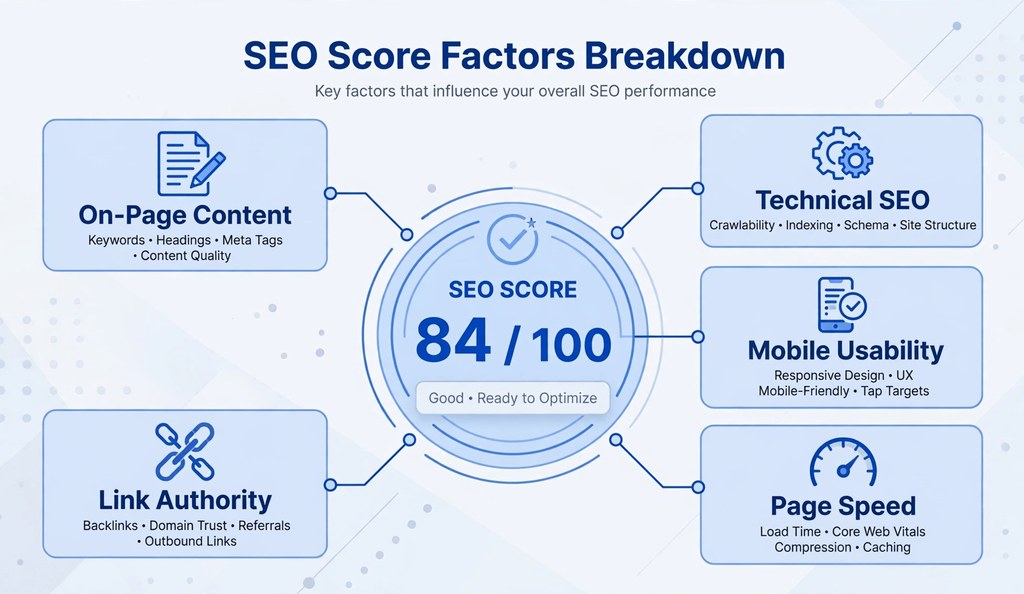 Five factor groups that determine an SEO score: content, technical, mobile, speed, authority