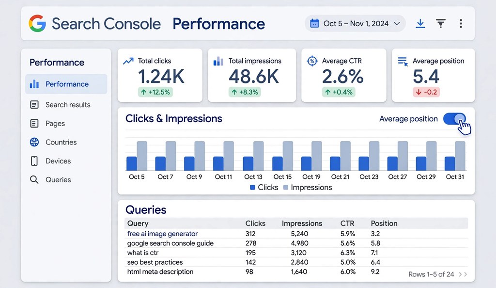 Google Search Console Performance report showing queries, clicks, impressions and average position