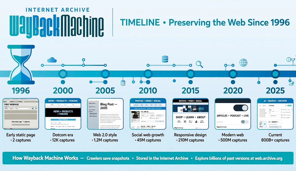 Wayback Machine timeline showing website snapshots over the years
