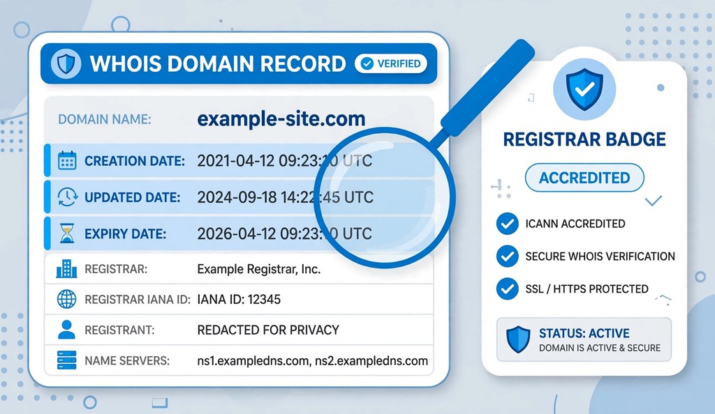 WHOIS record highlighting domain creation, updated and expiry dates