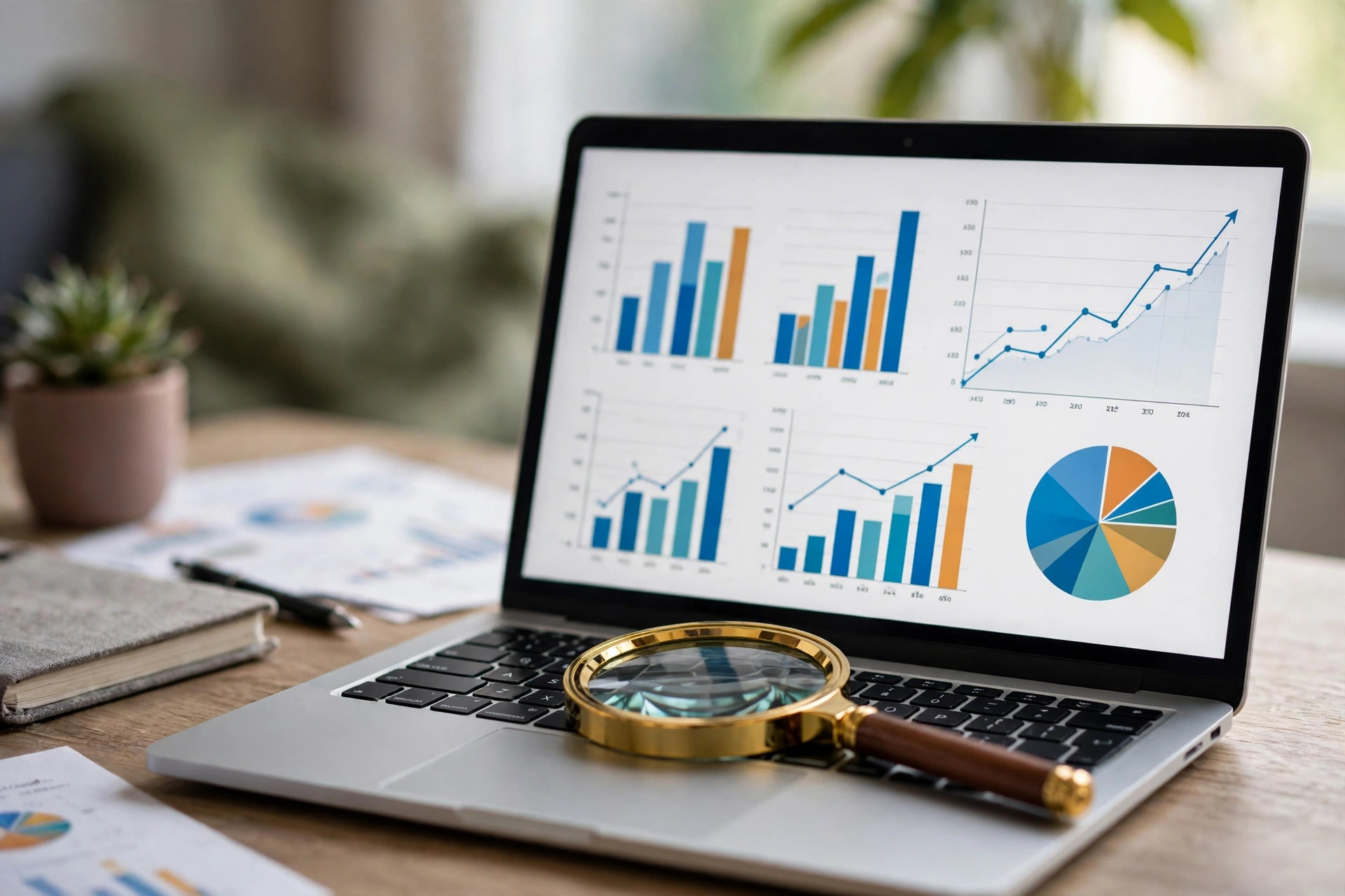 Magnifying glass over a laptop keyboard next to SEO ranking charts for checking Google keyword positions