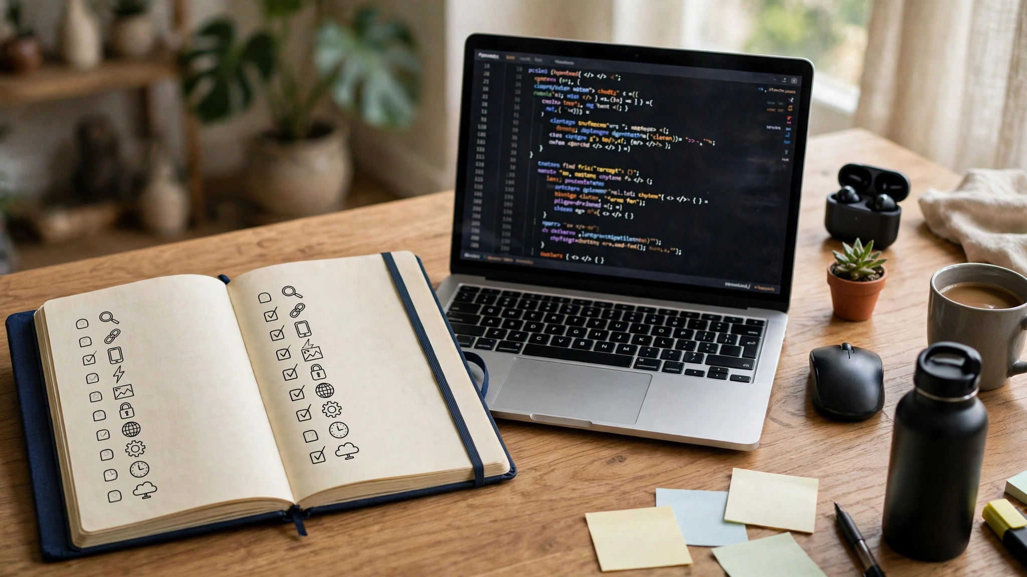 Speedometer-style website SEO score meter on a desk beside SEO notes and charts