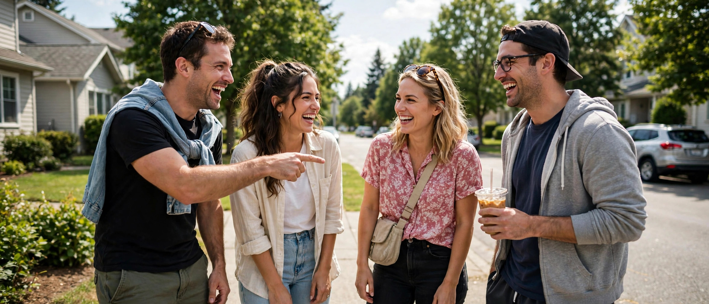 Group of friends laughing together outdoors, showing the friendly teasing context where joke slang like inbredward is usually shared