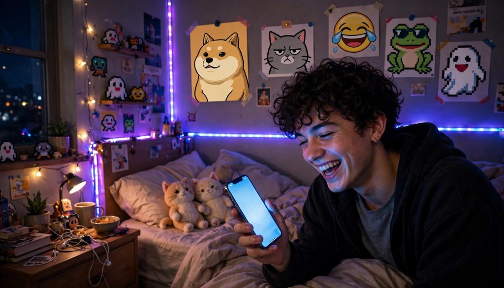 Person laughing at a glowing smartphone in a cozy room, capturing the playful spirit of internet meme culture