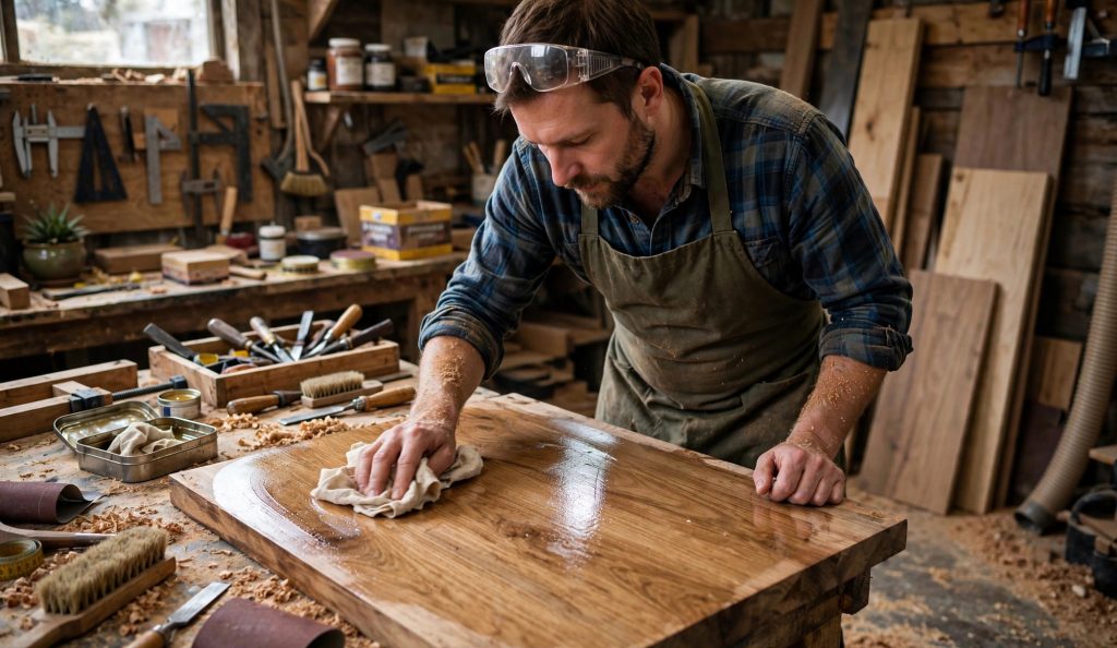 A craftsman applying a finishing polish to a wooden surface in a warm workshop
