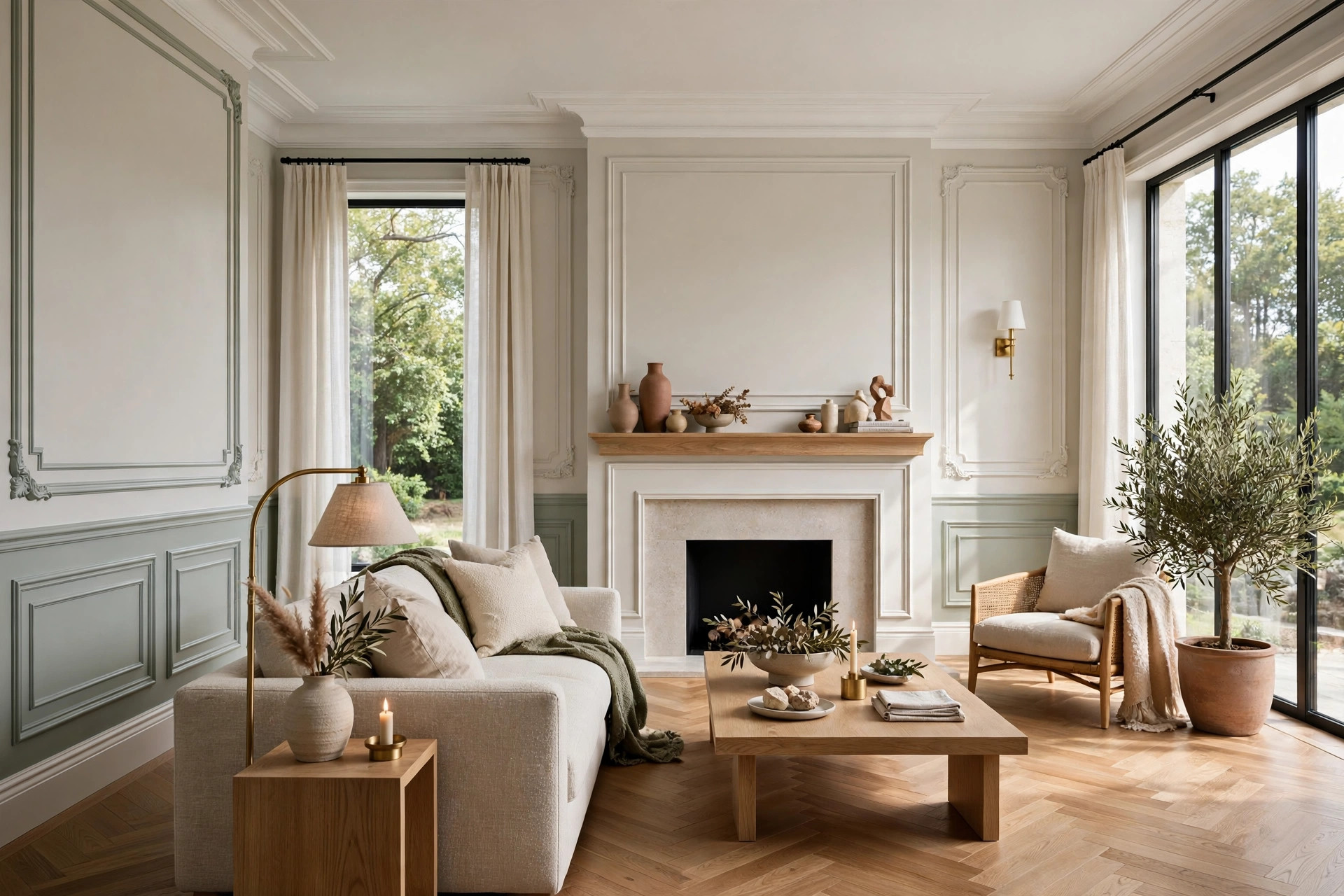 Interior design finishing touches in a modern room showing paint finishes, decorative trims and moldings