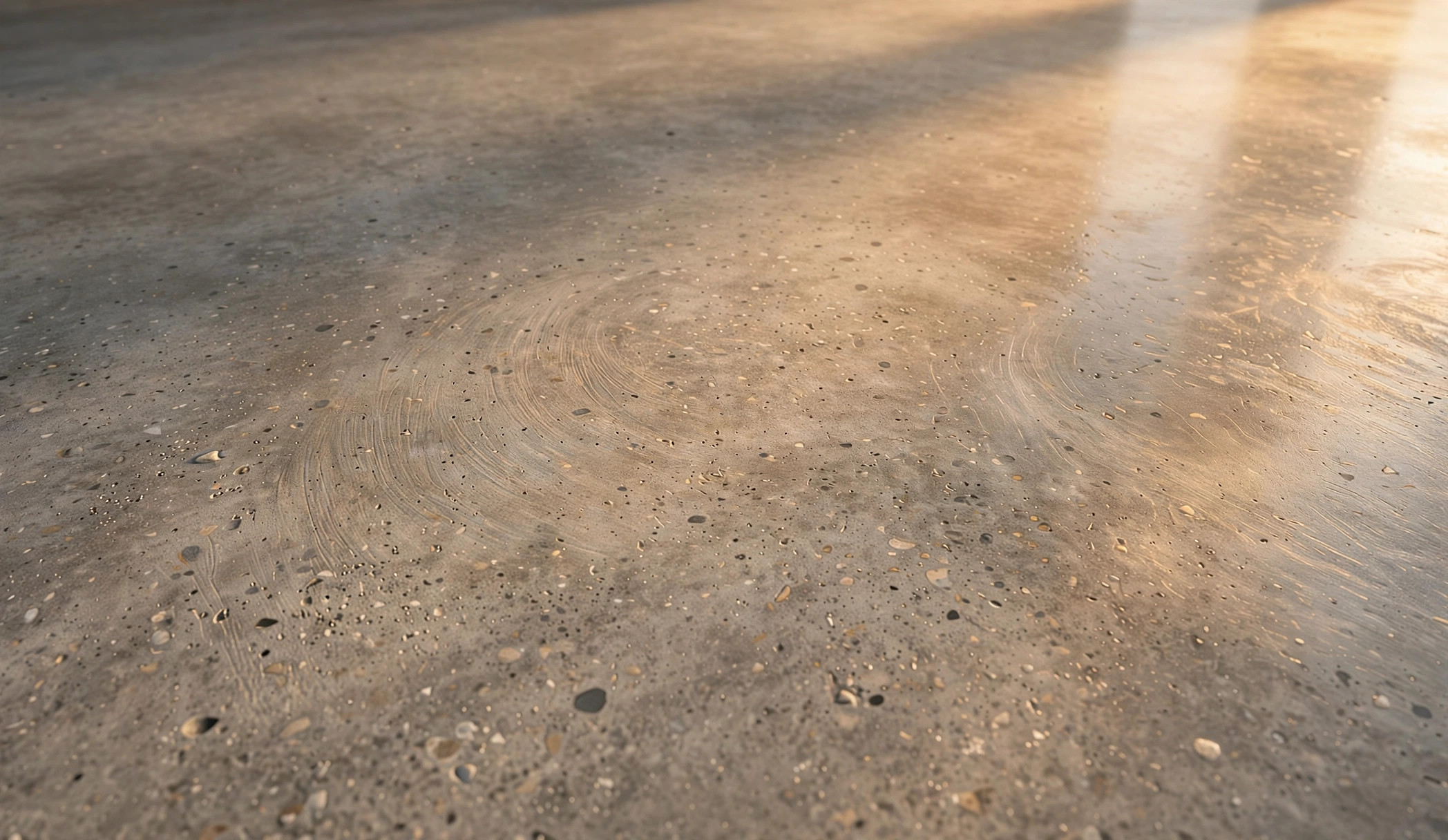 Close-up detail of construction finishing work, a smooth polished concrete floor texture in warm light
