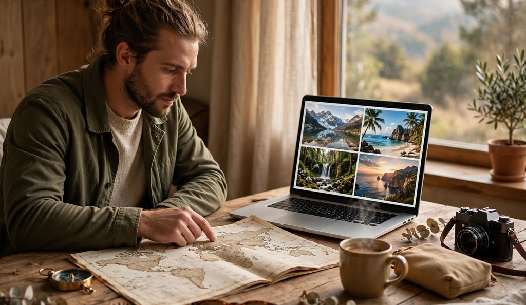traveler planning a trip with a map and laptop, scenic travel imagery