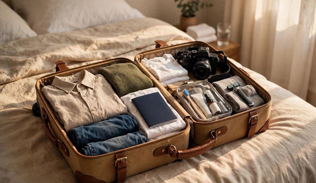 suitcase and travel essentials on a bed, packing for a trip
