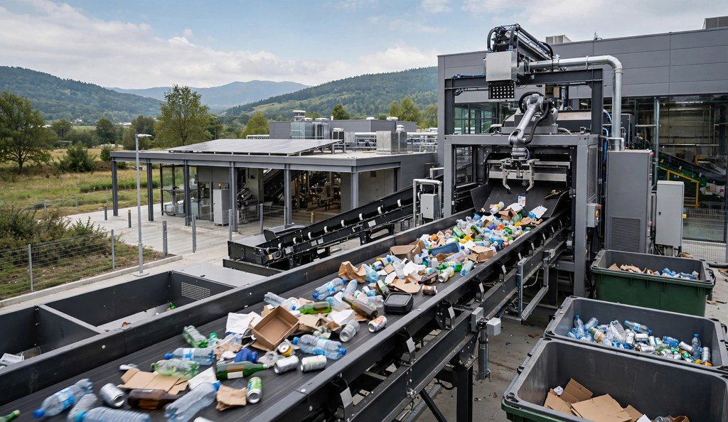 Modern smart recycling facility interior with a conveyor belt of recyclables and automated sorting equipment