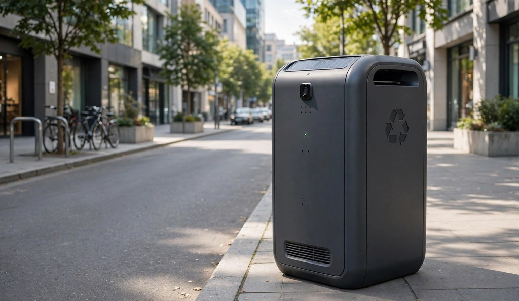 Smart recycling bin with fill-level sensors on a clean city street in daylight