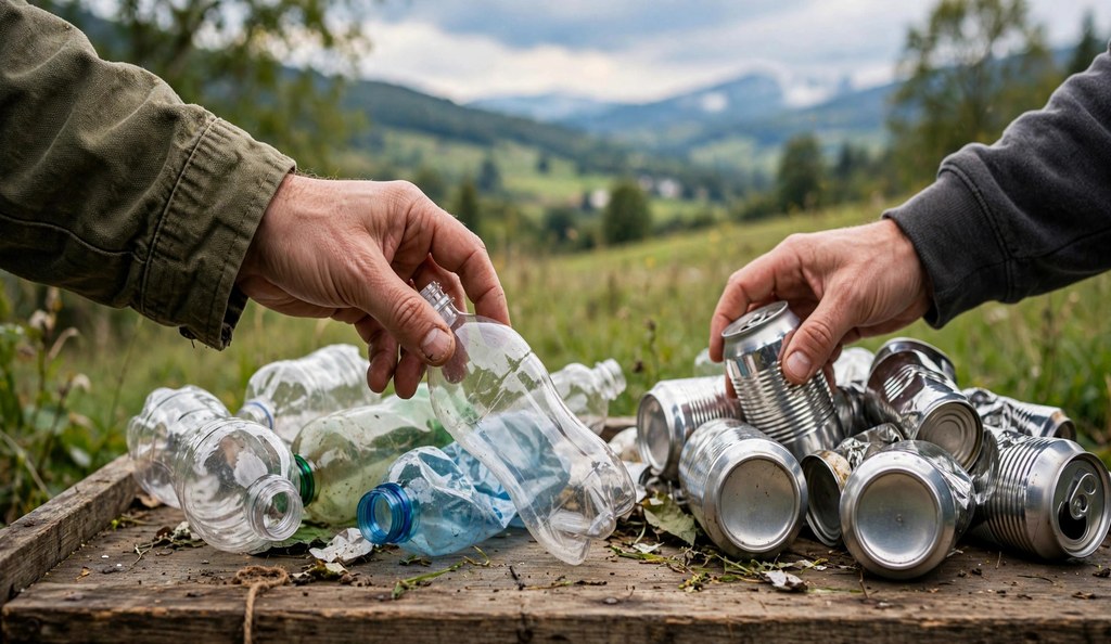Close-up of hands sorting recyclable materials, plastic bottles and cans, on a sorting table