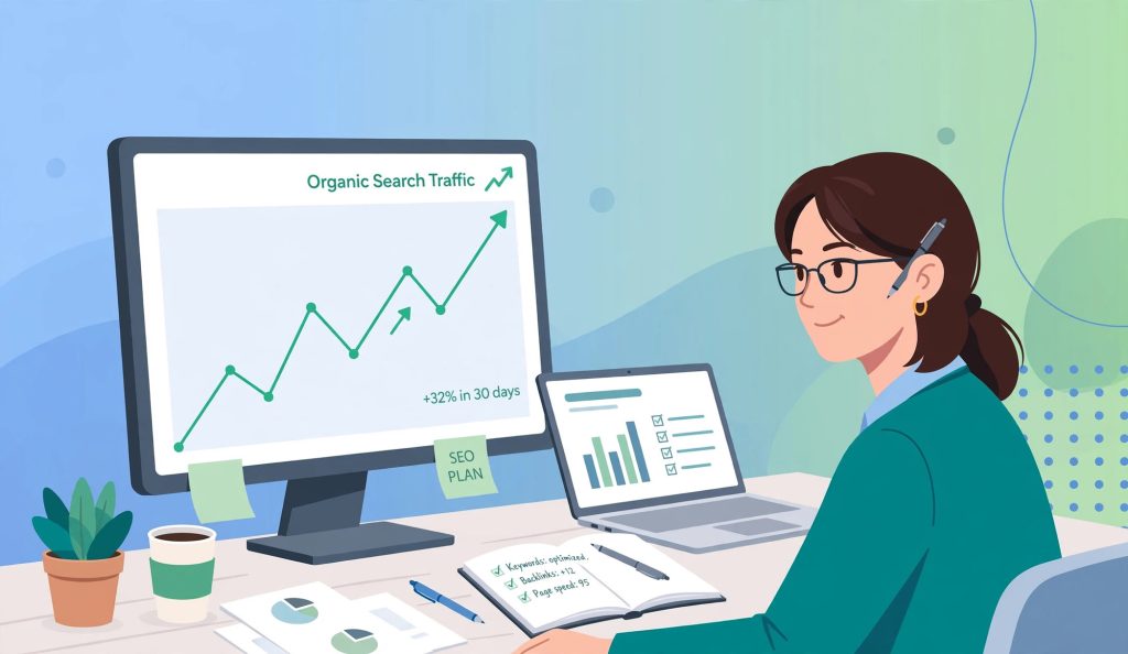 Organic SEO expert analyzing website traffic growth chart on a monitor