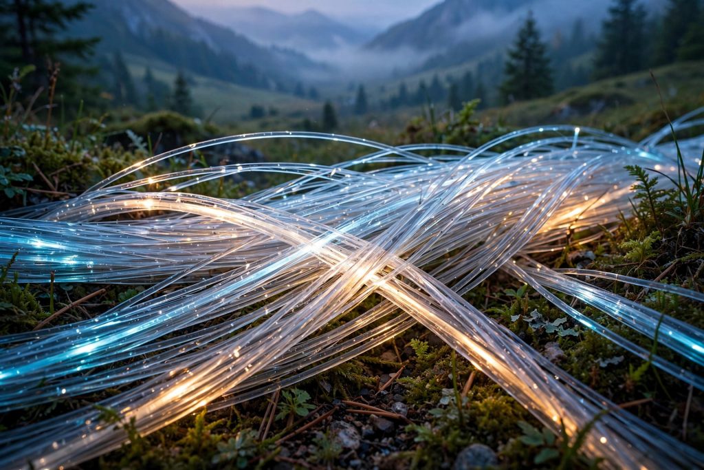 Glowing fiber-optic cables close-up