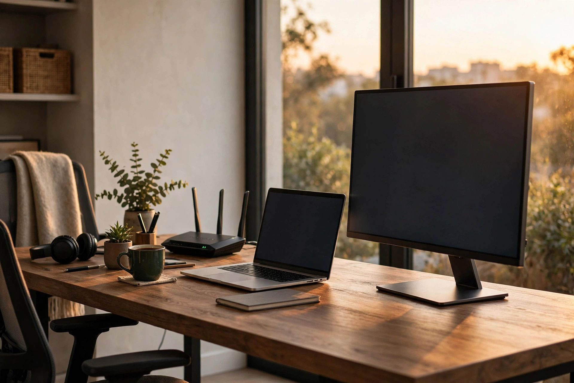 Home office desk with fiber router and laptop