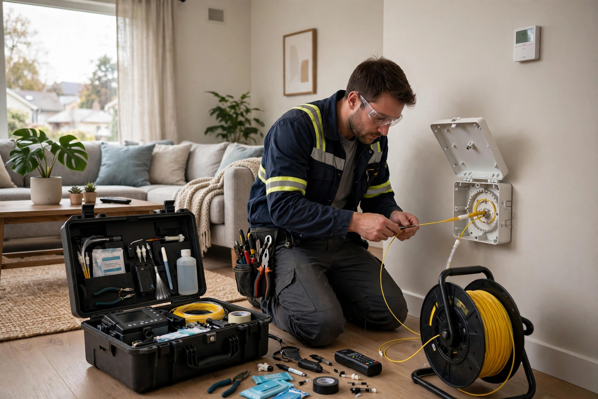 Technician installing a fiber connection point in a Dutch home
