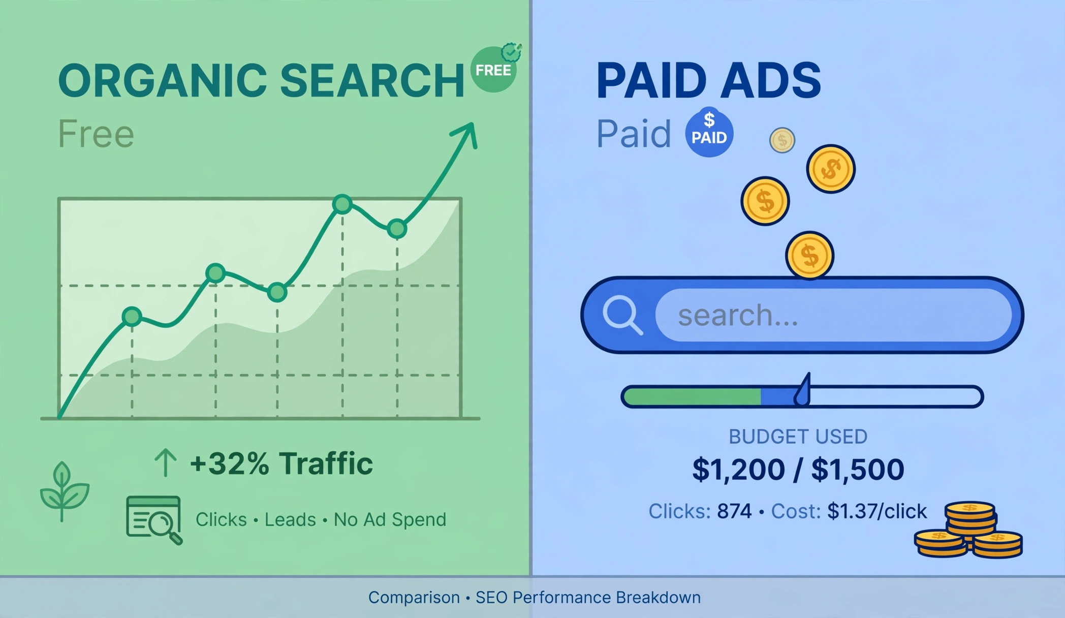 Comparison of organic search traffic growth versus paid advertising costs