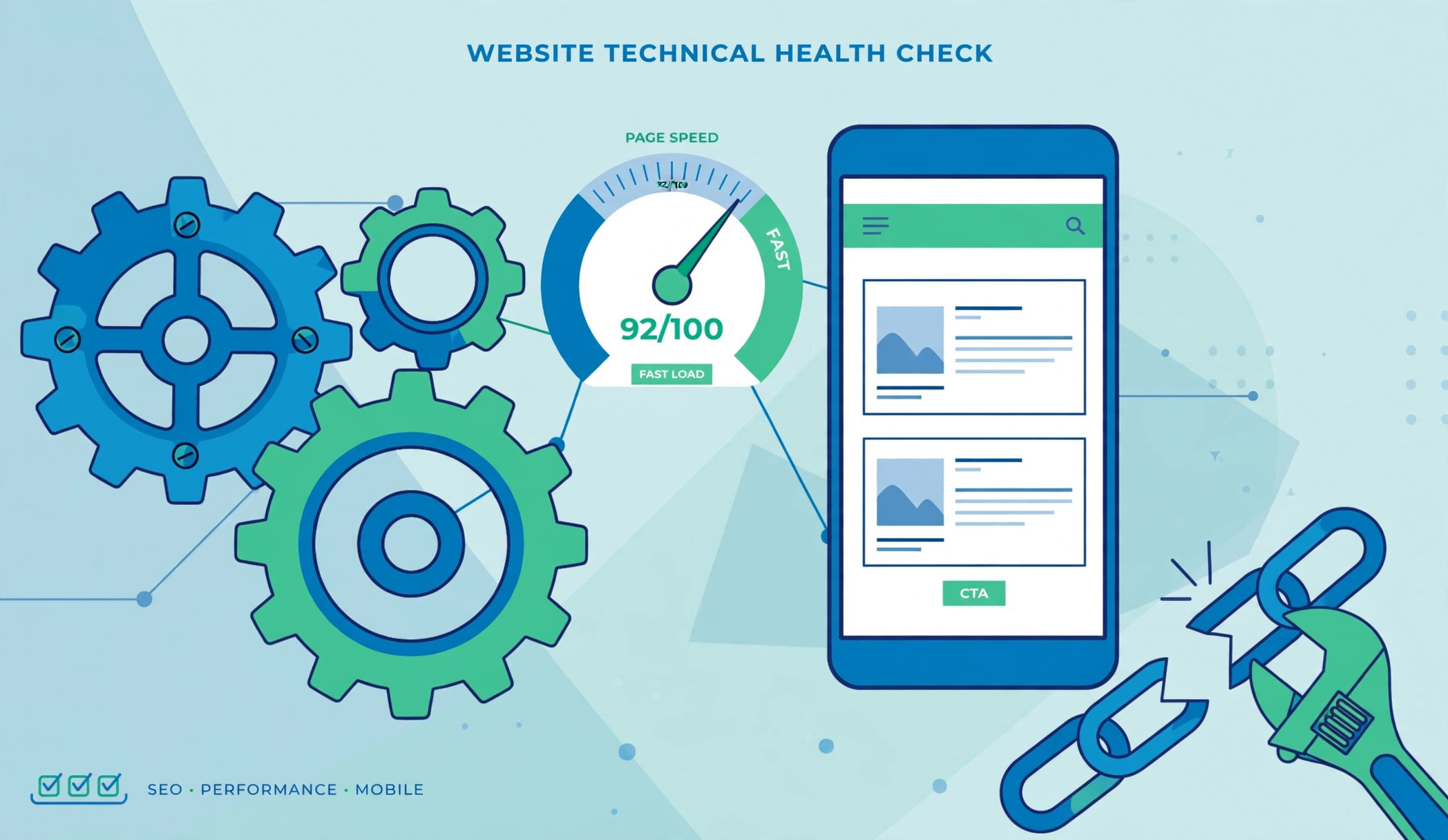 Website technical health check with gears, page speed gauge and broken link repair