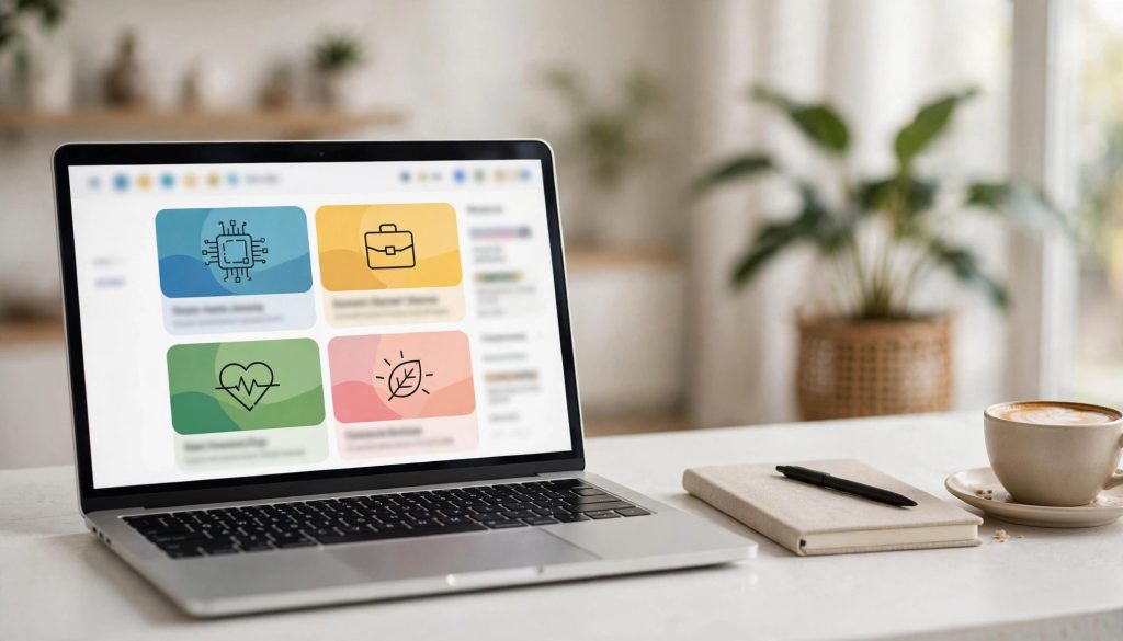 TruPeek Com website review concept showing a laptop displaying article categories on screen