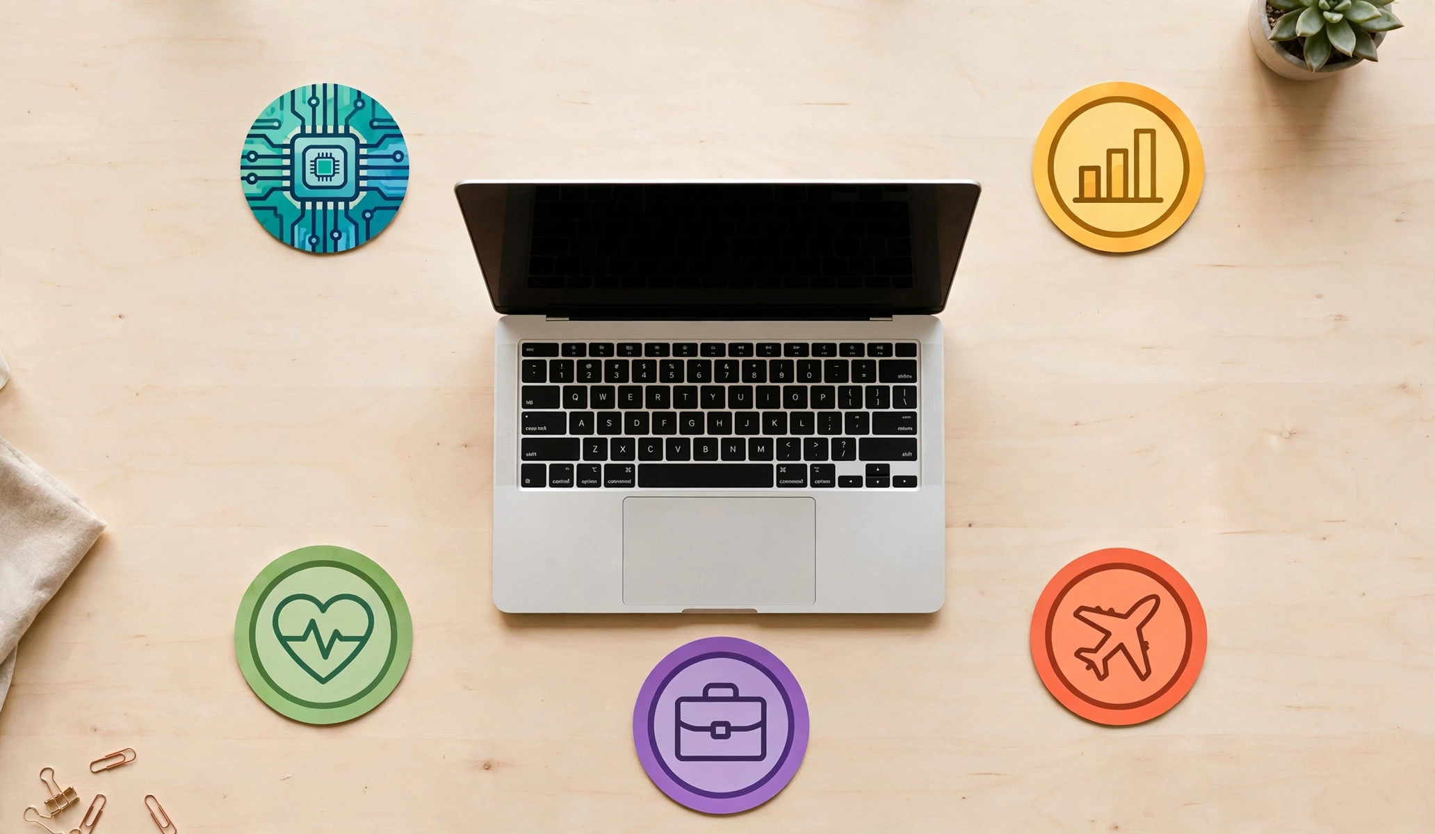 TruPeek Com article categories illustrated with topic icons for technology, finance, health, travel and business