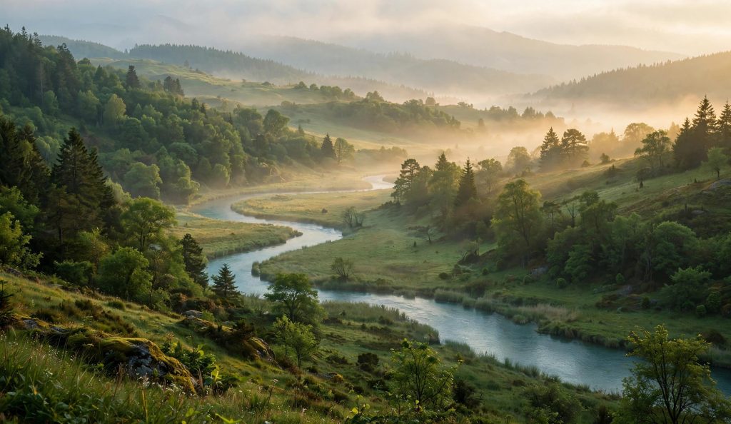 Peaceful green valley with rolling hills, a quiet river winding through meadows, and soft morning light, evoking the tranquil nature scenery Portar Leisa is described as having