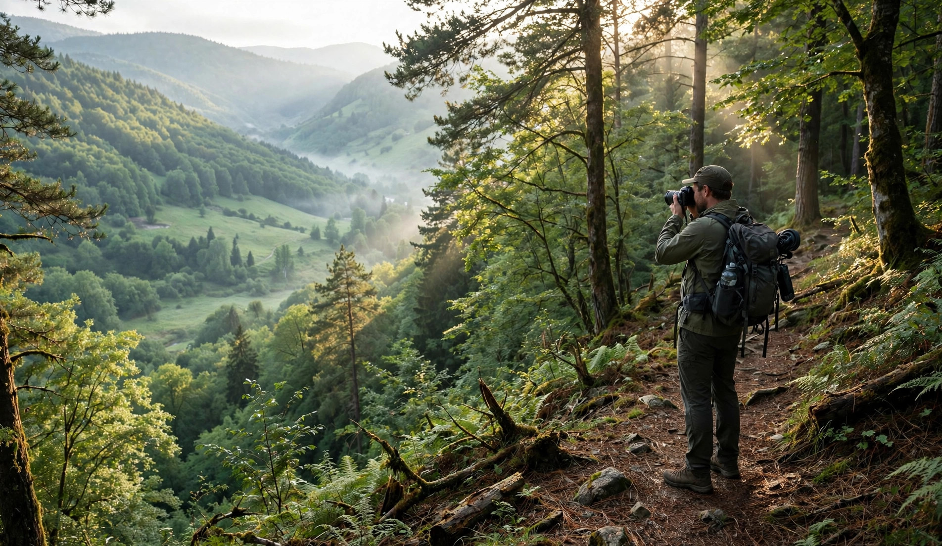 Hiker walking along a peaceful forest trail beside a calm lake, surrounded by lush green hills under a clear sky