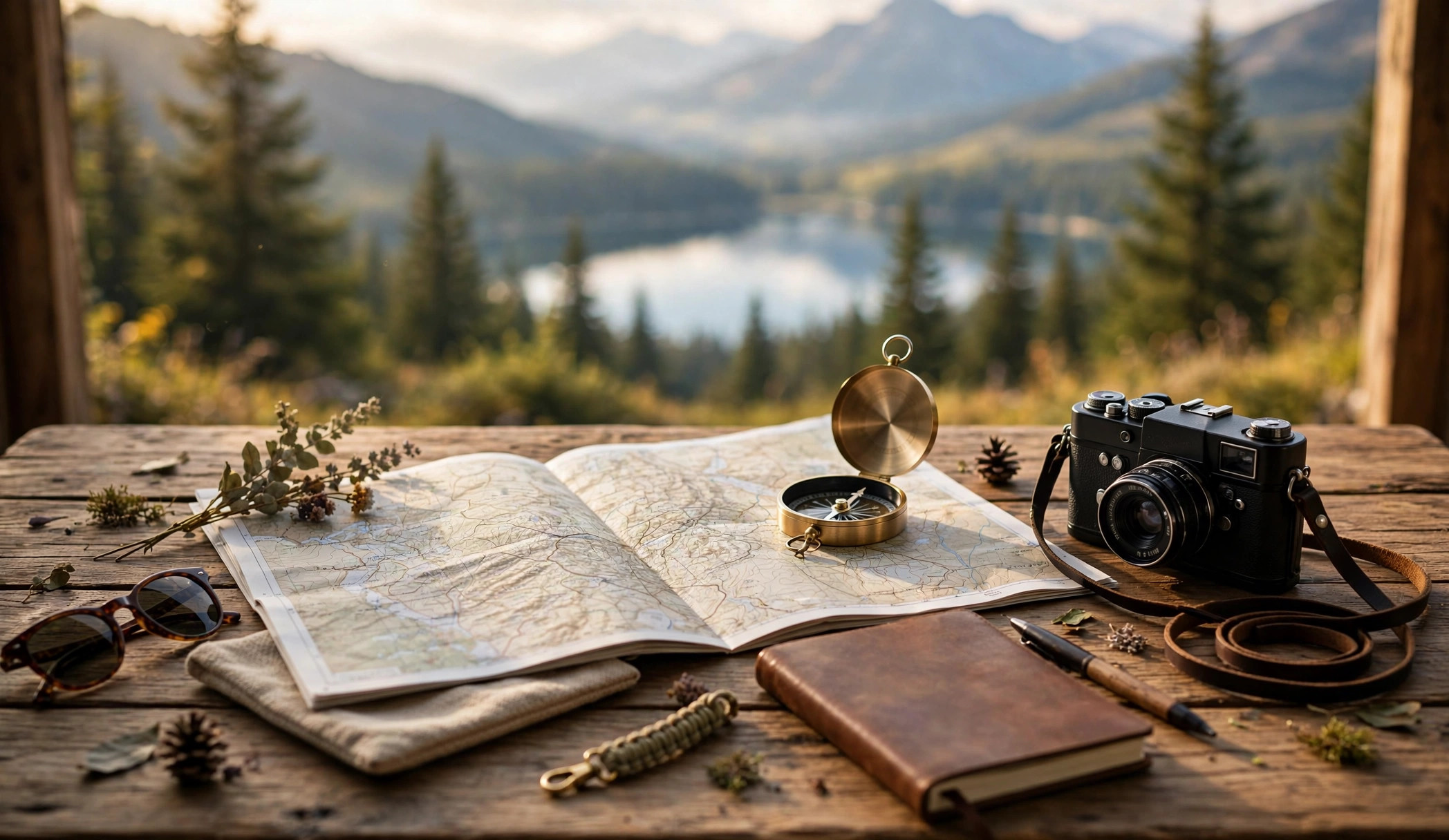 Traveler studying a map and guidebook at a scenic overlook, planning a trip carefully before booking
