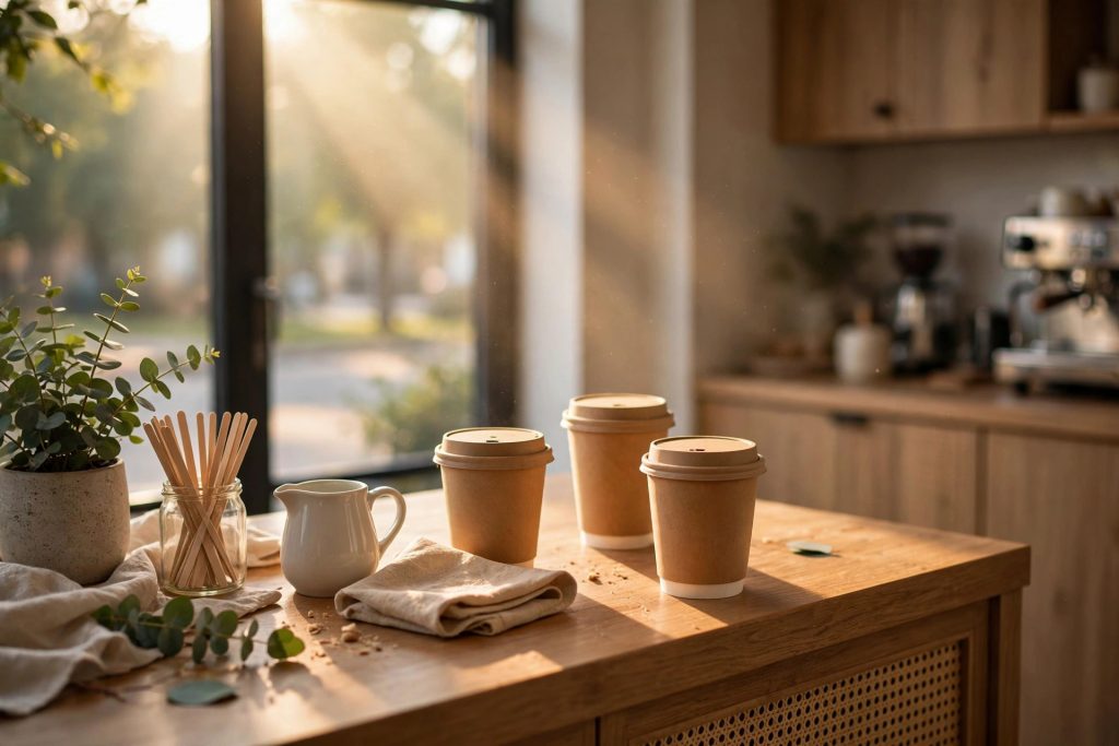 Takeaway coffee cups with eco-friendly Pappedeckel cardboard lids on a cafe table