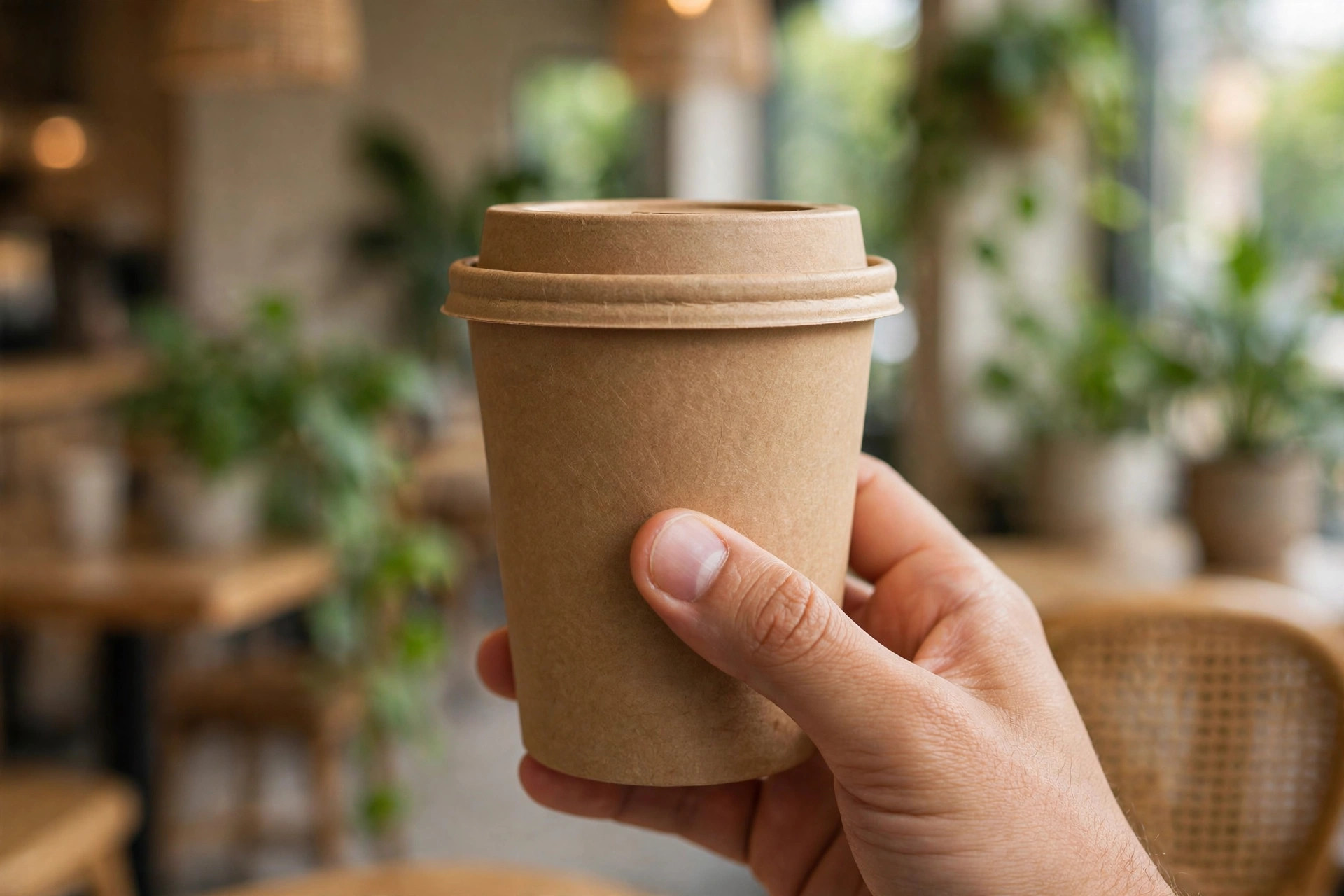 Hand holding a takeaway coffee cup topped with a Pappedeckel cardboard lid