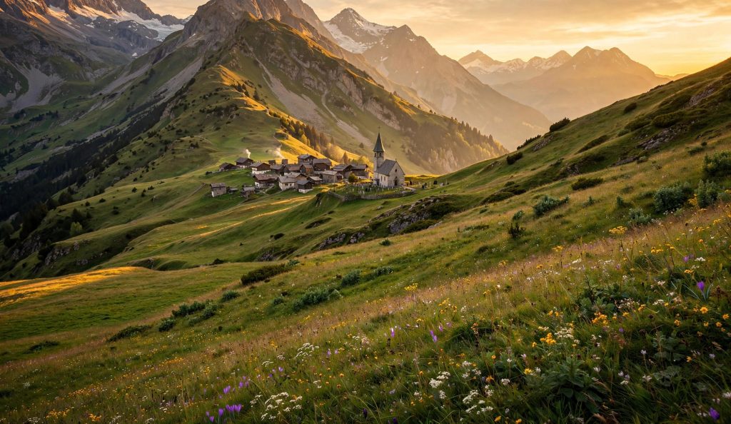Alpine mountain slope with historic village linked to the Peitner surname