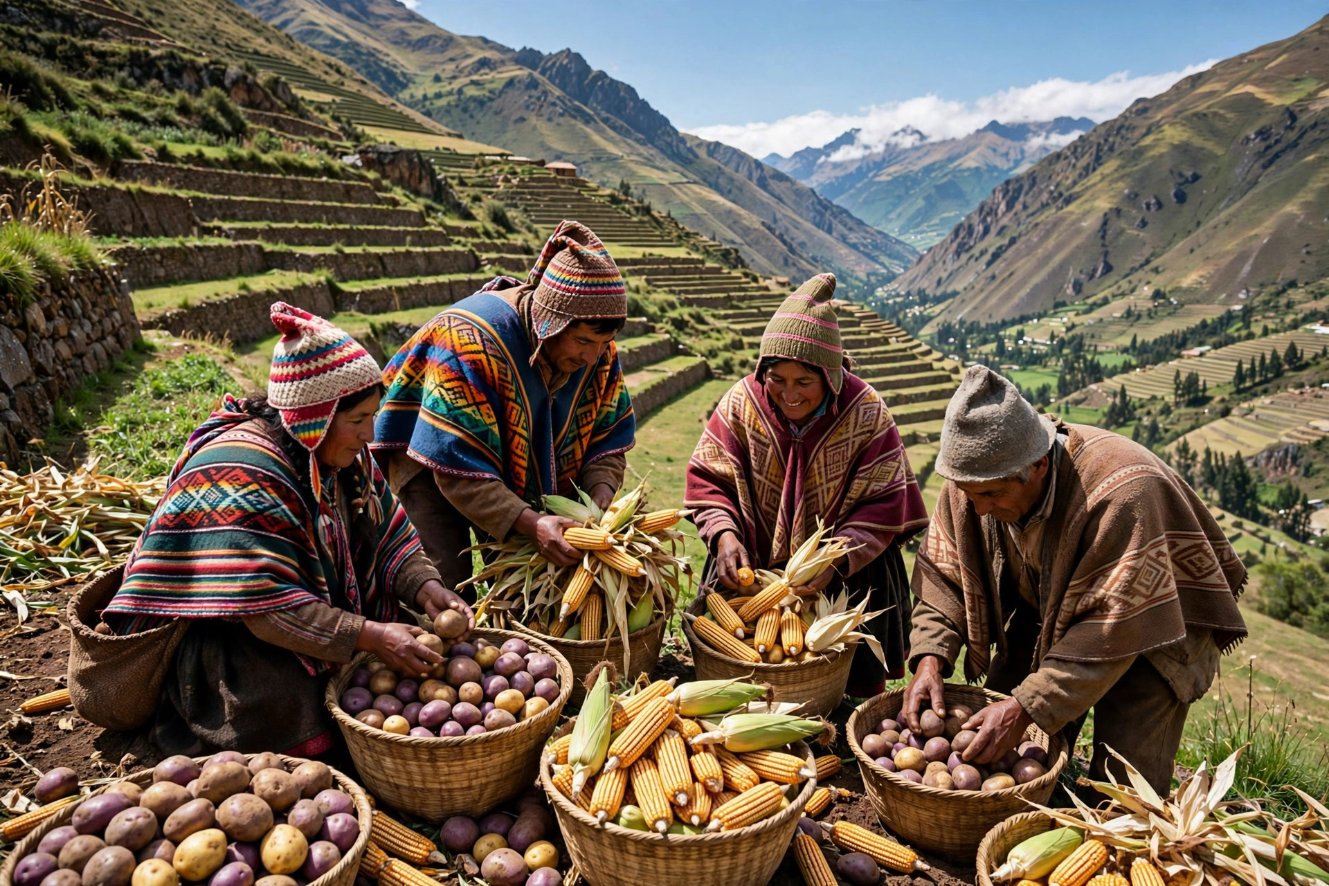 Andean farmers in traditional woven clothing working together harvesting crops on mountain terraces