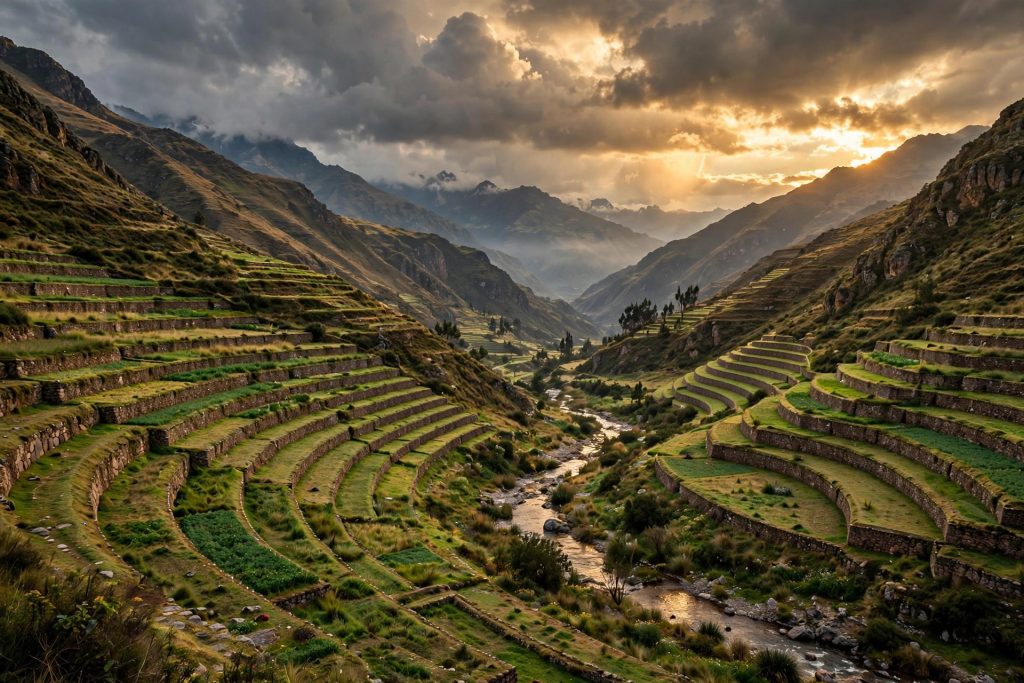 Andean agricultural terraces at golden hour