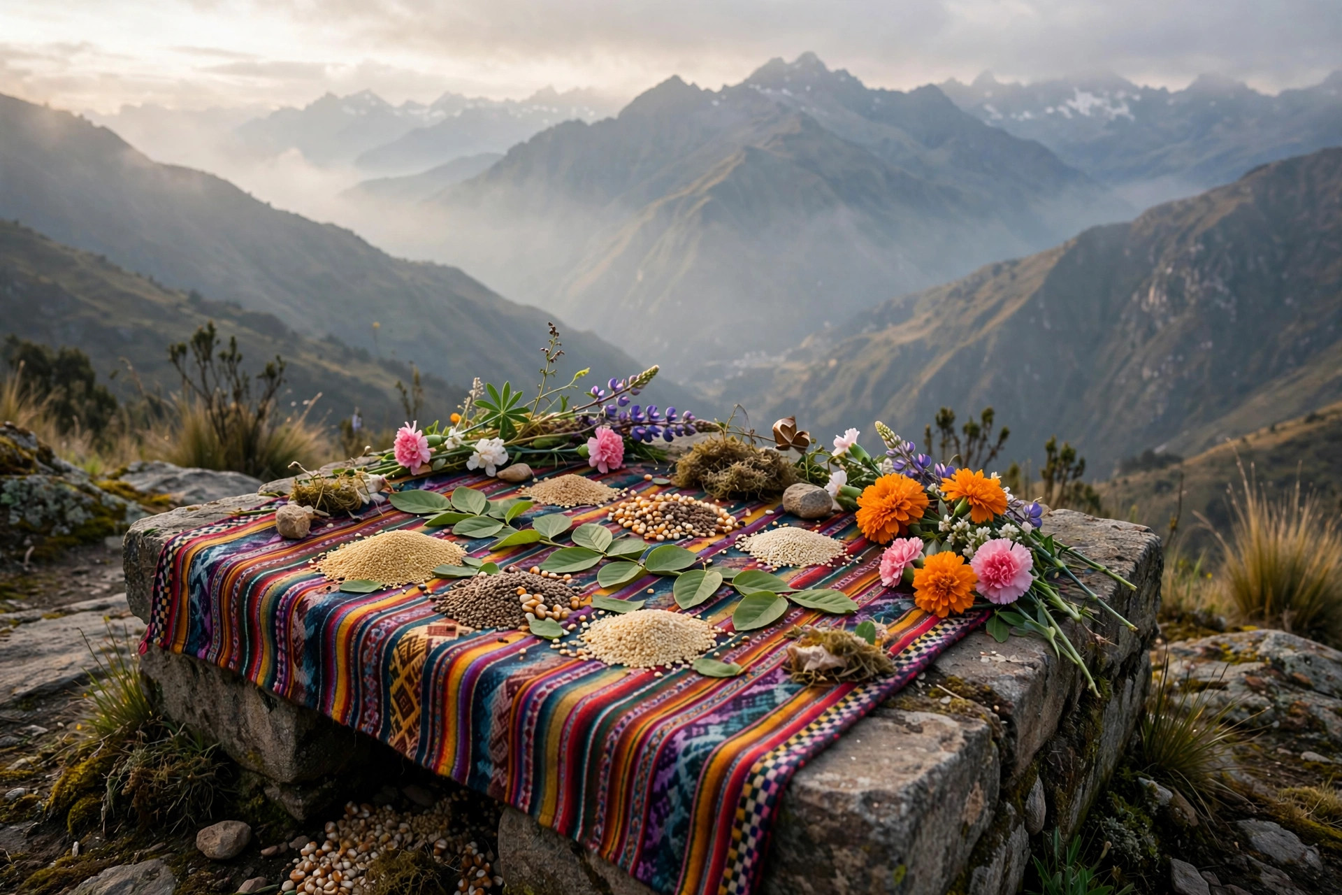 Traditional Andean offering ceremony on a stone altar with grains, seeds and flowers