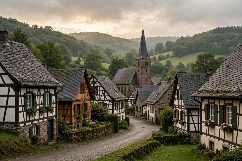 Village of Wehnrath in Reichshof with church tower, North Rhine-Westphalia, Germany
