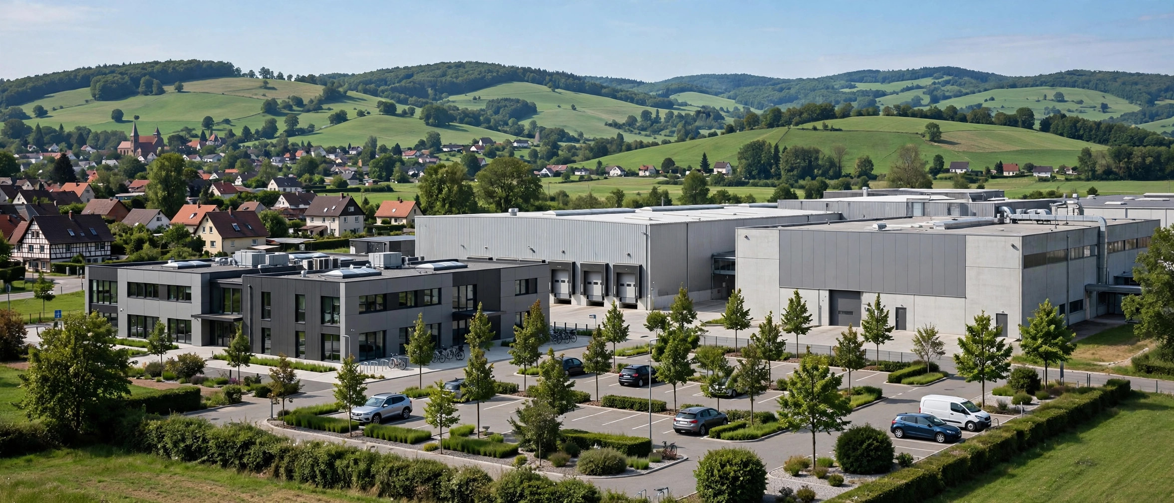 Commercial buildings in the green hills near Wehnrath, Reichshof, Germany